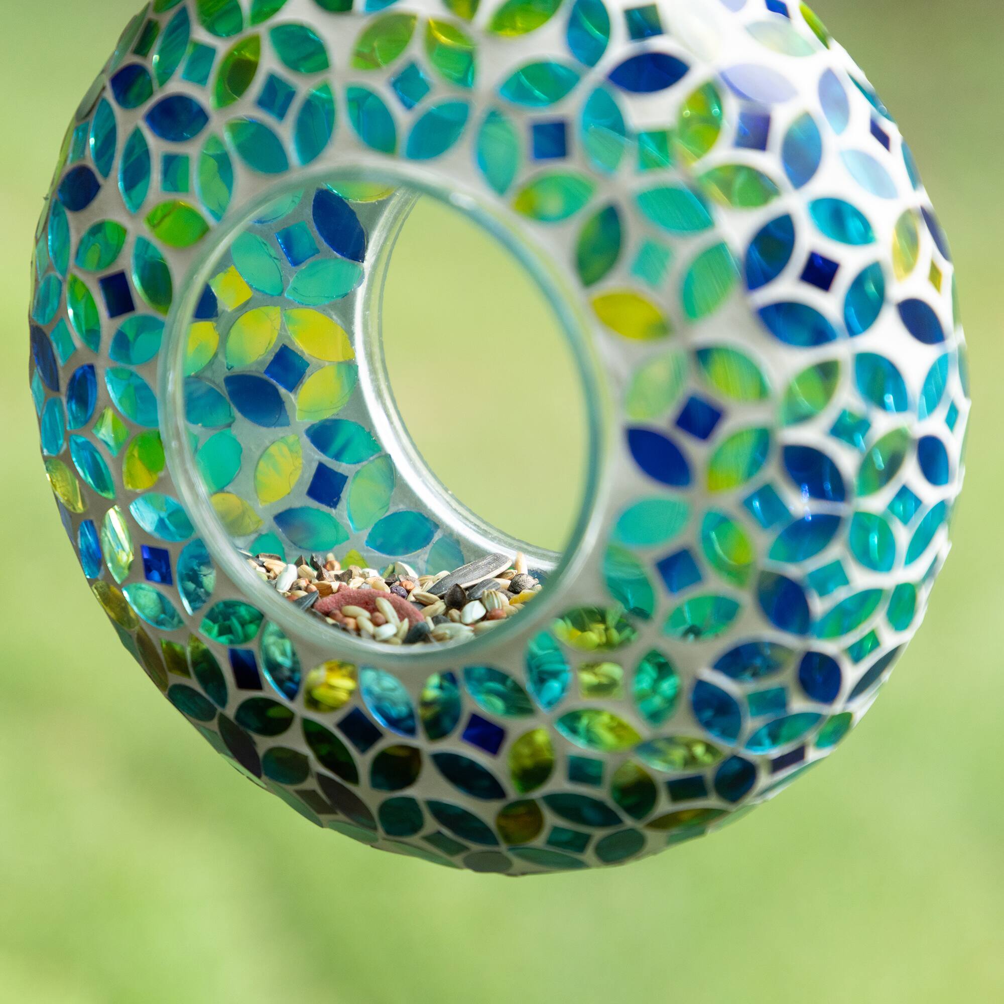 Glitzhome® 8" Glass Round Hanging Blue & Green Mosaic Birdfeeder